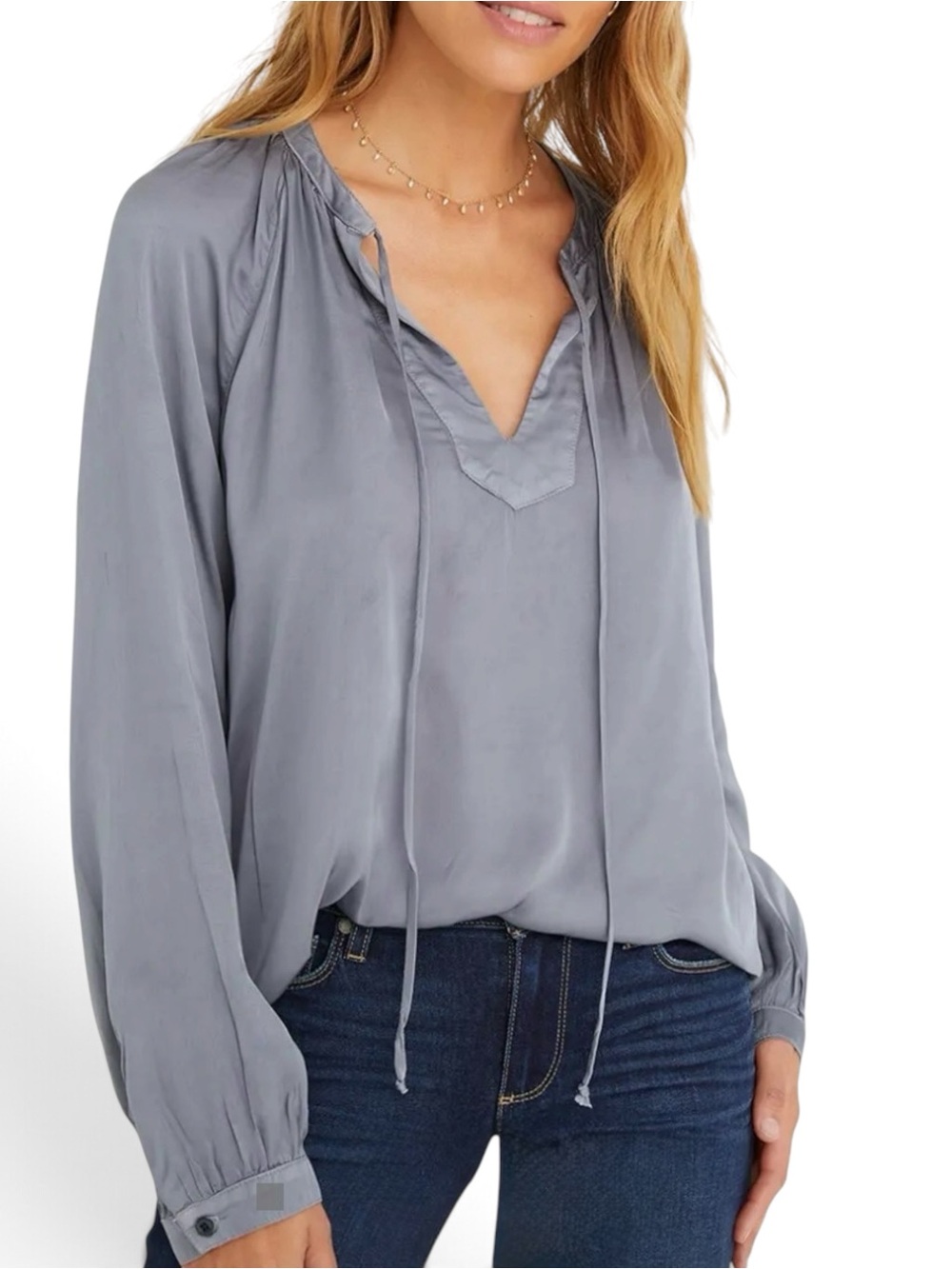 Bella Dahl Split Neck Flowy Satin Long Sleeve Shirt Gray Made in USA Size Small